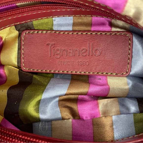 Tignanello Red Leather Hobo Bag With Striped Satin Interior Shoulder Purse - Picture 15 of 16